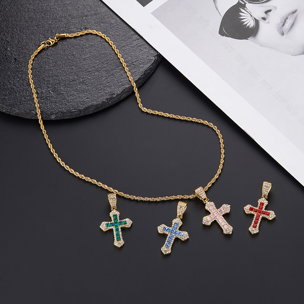 New Cross Necklace Small Fashion All-Match Blue Diamond Cross Pendant Pinduoduo One Piece Dropshipping