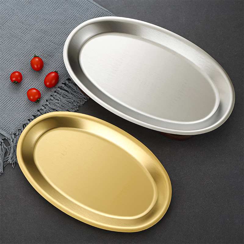 Korean Style Stainless Steel Fish Dish Oval Plate Fish Steaming Plate Golden Creative Denier Plate Barbecue Plate Dinner Plate Tray