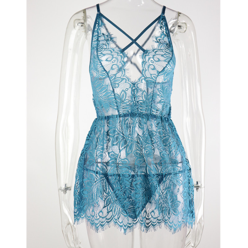 新款跨境情趣内衣性感网纱甜美蝴蝶结纯色吊带睡裙旗袍家居服套装