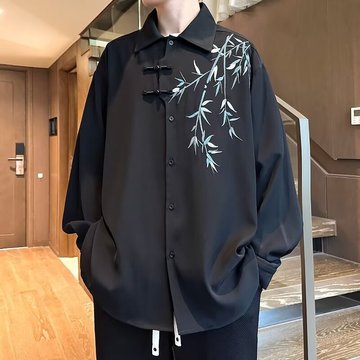 新中式中国风竹子刺绣长袖衬衫男装春季汉服盘扣唐装道袍衬衣外套