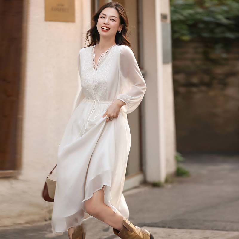 【蒂文特】真丝连衣裙轻薄飘逸乔其桑蚕丝连衣裙仙气飘飘刺绣裙子