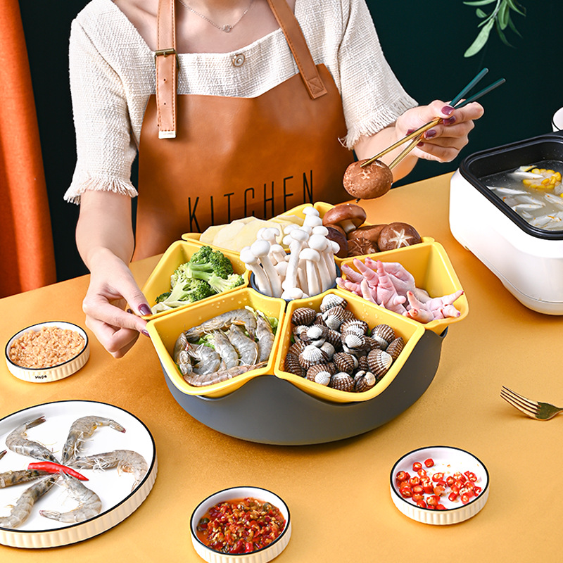 rotatable hot pot vegetable platter household double deck compartment washing basin draining basket ingredients fruit plate