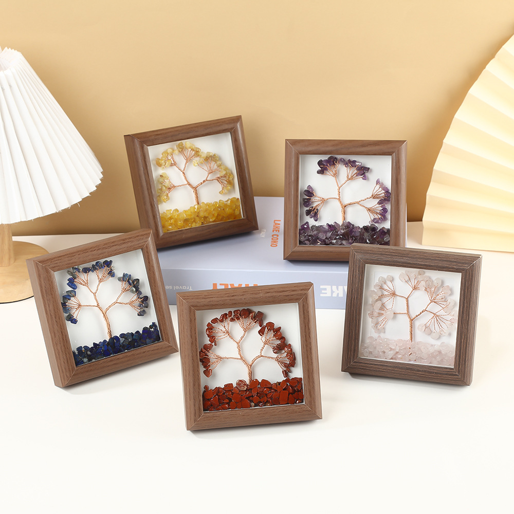 欧美天然水晶碎石发财树相框装饰画送朋友乔迁开业礼工艺品摆件