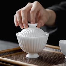 德化冰种羊脂玉瓷盖碗手工薄胎功夫茶碗家用白瓷茶具竖纹唐灯盖碗