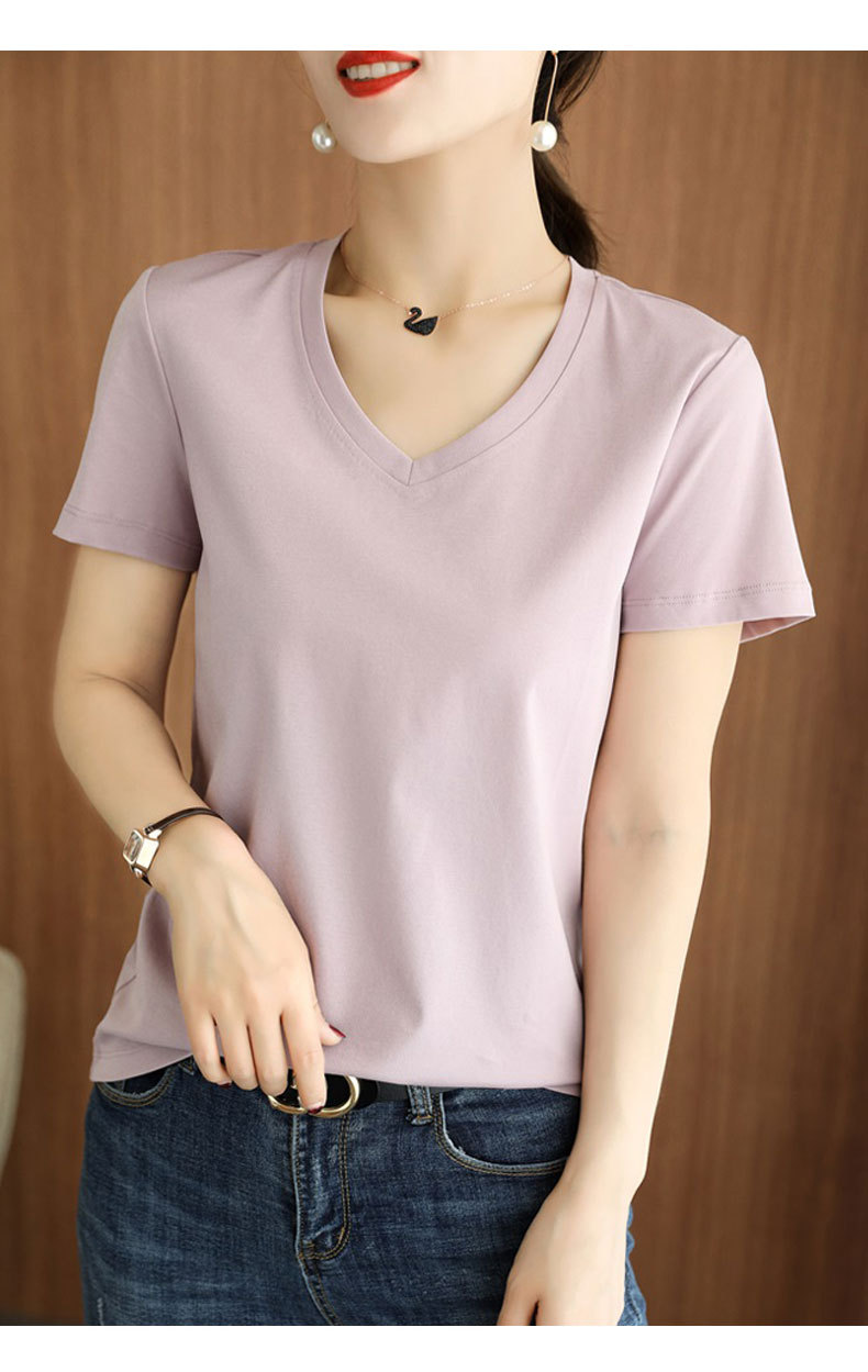 2021丝光棉t恤女短袖夏季宽松桑蚕丝双面圆领v领纯棉体恤