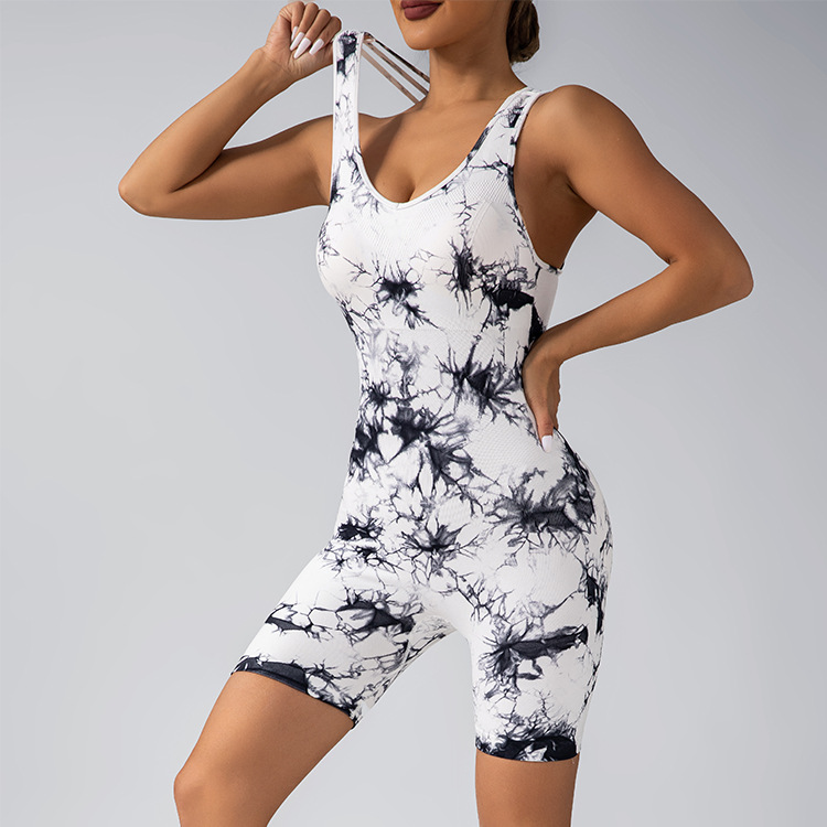 European and American Tie-Dye Jumpsuit Sexy One-Piece Cross Beauty Back Vest Tight Seamless Fitness Yoga Wear Shorts for Women