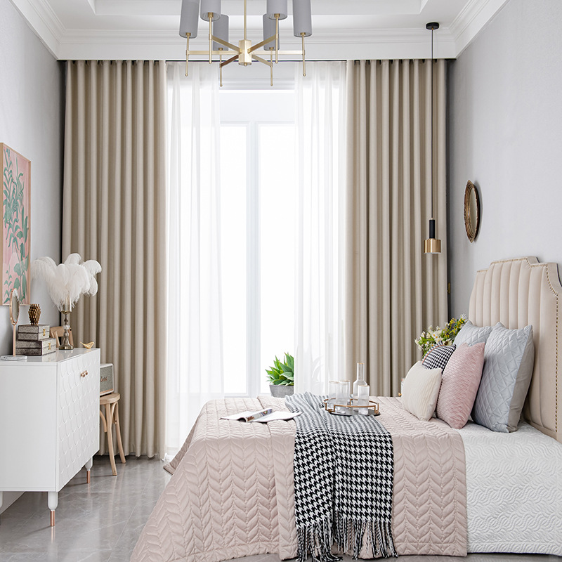米色麻感布料全遮光纯色窗帘成品北欧式简约现代鲜艳房间卧室