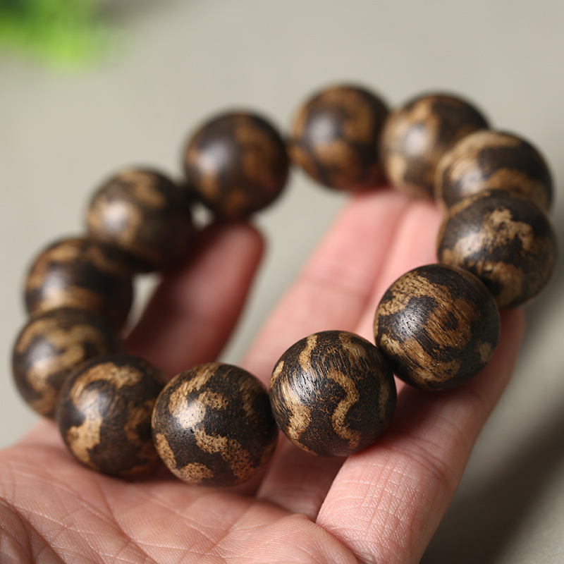 印尼达拉干沉香虎斑纹沉香木单圈手串文玩佛珠高油高密男女款佛珠