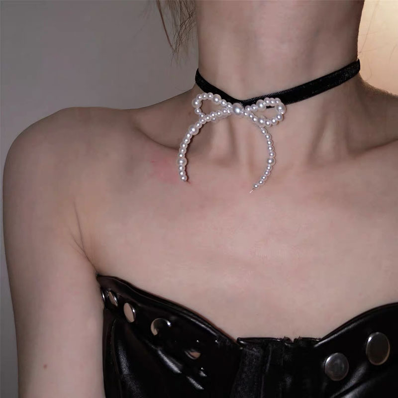 日系甜美复古珍珠蝴蝶结丝绒锁骨项圈项链饰品女仆choker颈圈颈带