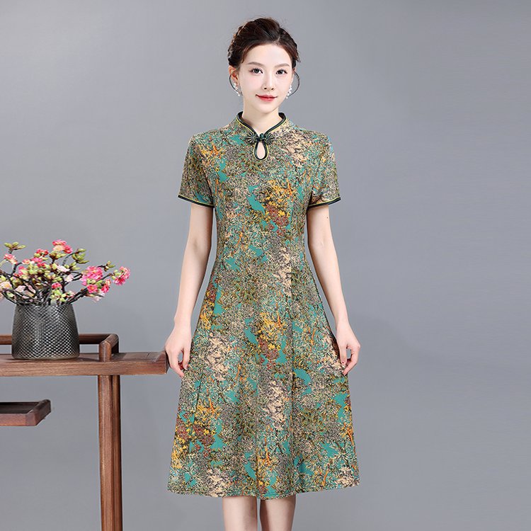 2023 Summer New Dress Large Swing Dress Middle-Aged and Elderly Women's Clothing Mother's Short Sleeve Floral Improved Cheongsam Dress