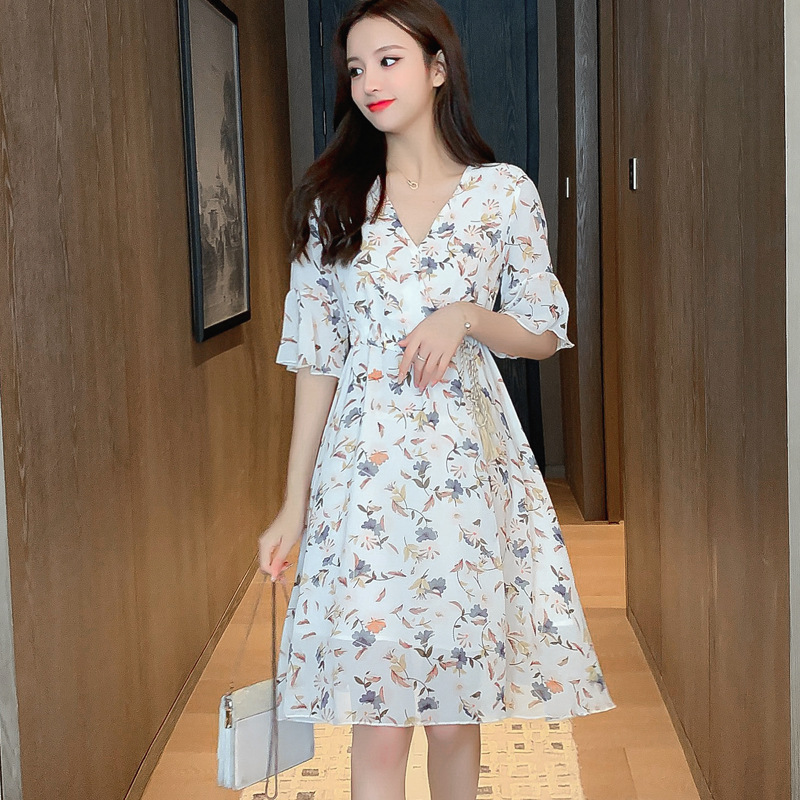 米白色碎花碎花雪纺连衣裙图片