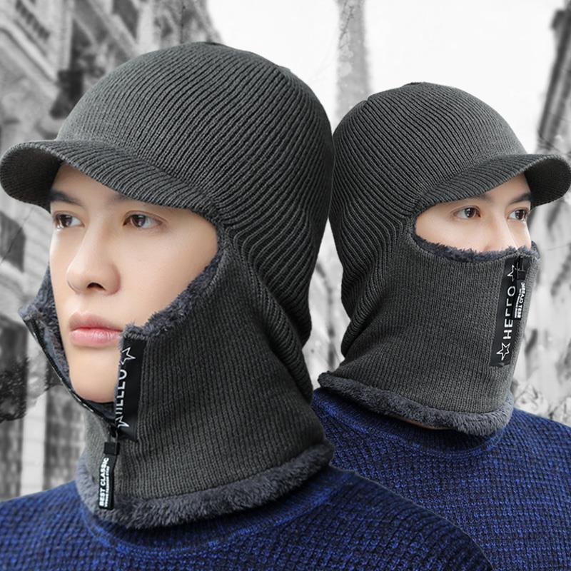 Hat Men's Winter Warm with Velvet Woolen Cap Scarf Integrated Autumn and Winter Riding Electric Car Cold-Proof Wind Cotton-Padded Cap