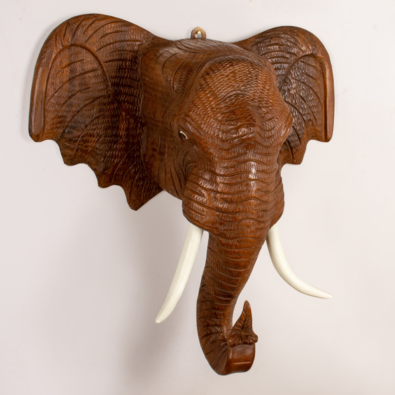 泰国实木大象头壁饰东南亚创意家居饰品壁挂装饰客厅背景墙面挂饰