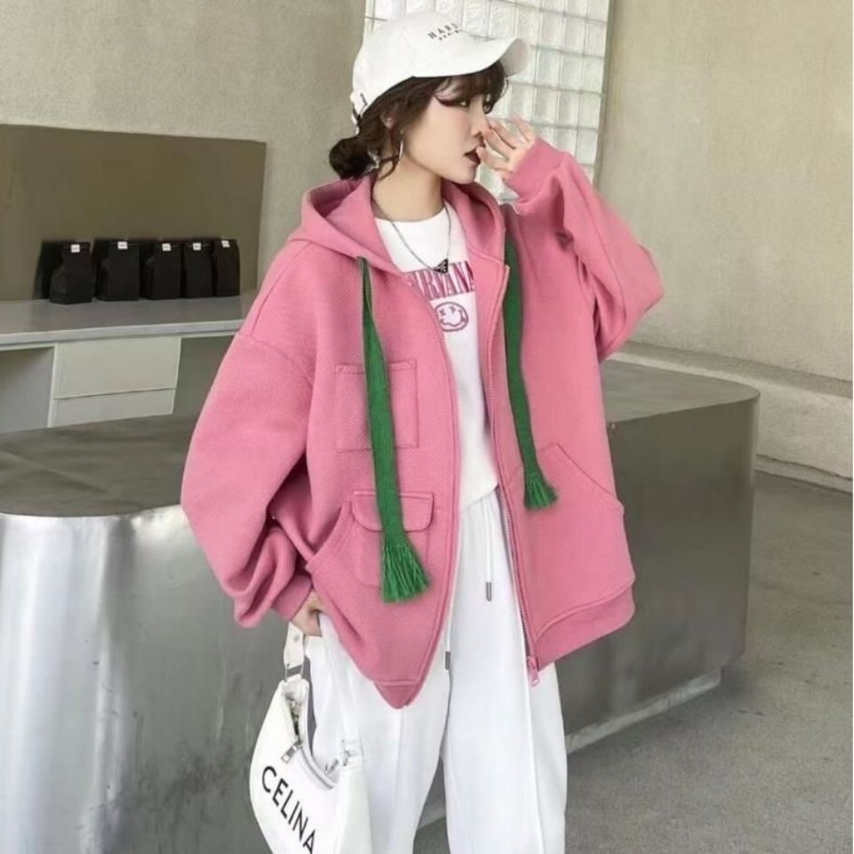连帽卫衣外套女春装2022新款宽松百搭设计感盐系拉链开衫粉色外套