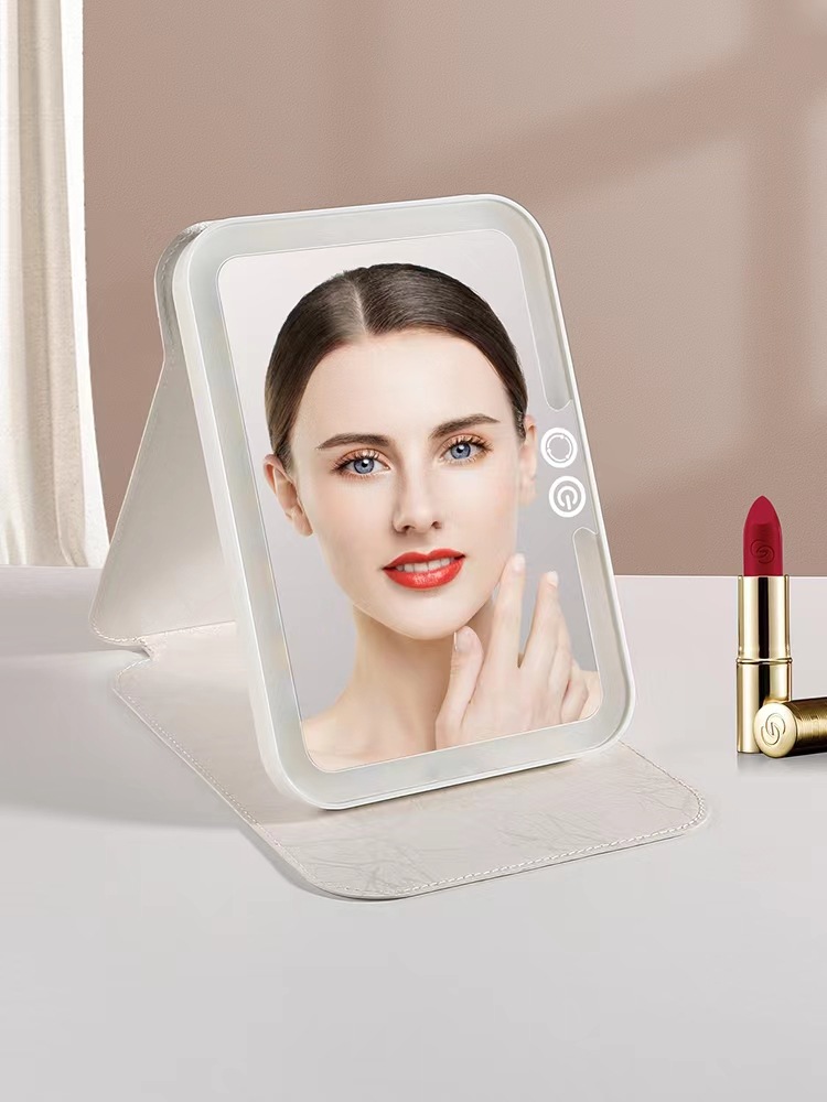 Cross-Border Rechargeable Three-Color Light Led Make-up Mirror Square Leather Portable Folding Travel Fill Light Mirror