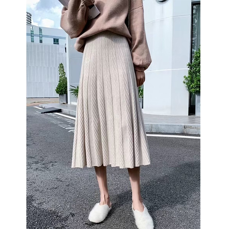 秋冬新款女式针织毛线中长款高腰a字裙伞裙显瘦显高厚半身裙-阿里巴巴