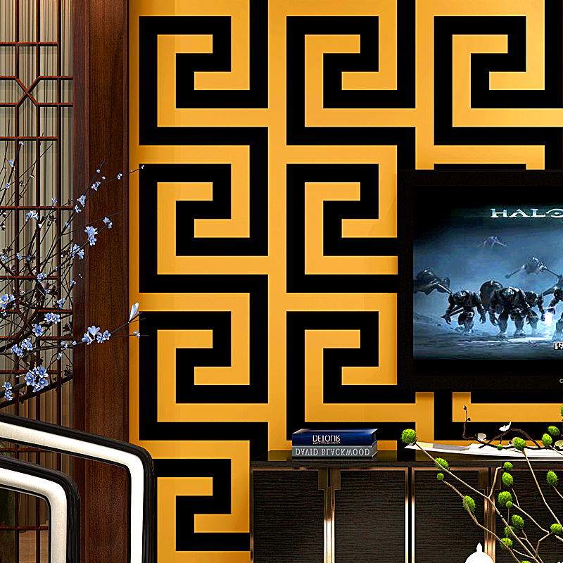 中式壁纸古典中国风格禅意客厅现代简约新中式黑白回纹银灰色墙纸