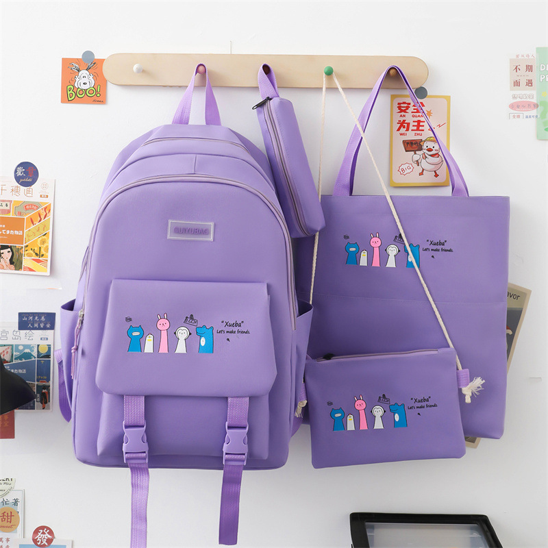 Backpack Four-Piece Set Primary School Student Backpack Fashion Large Capacity Junior High School Student Campus Backpack Simple after Class Tuition Bag