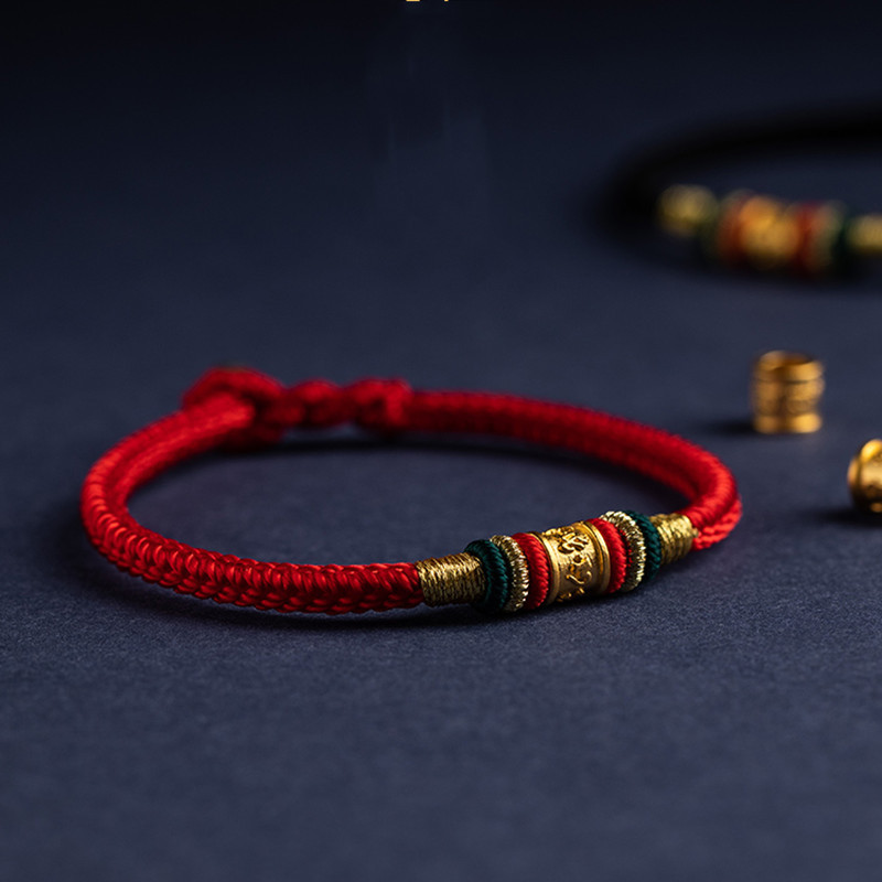 手编红绳diy男女搭配14k包金六字真言珠红绳手链女编织男手绳情侣