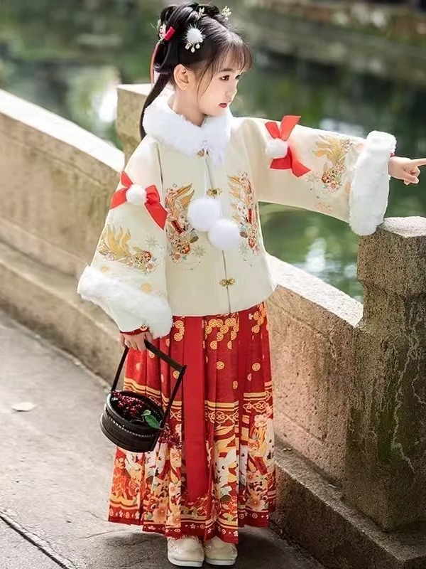 Children's Han Chinese Costume Winter Thickened Girls' Chinese Style Fleece-lined Red New Year Clothes Little Girl's High-End Tang Suit Horse-Face Skirt