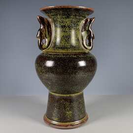 古玩古董越窑茶叶末釉手工瓷双耳尊瓶中式家居摆件插干花摆件