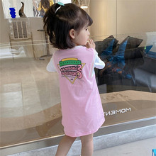 夏季女童连衣裙宝宝网红洋气儿童个性潮韩版拼色假两件短袖T恤裙