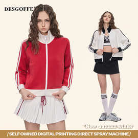 DE女装|短款街潮撞色复古拉链外套女美式跨境420G重磅条纹拉链衫