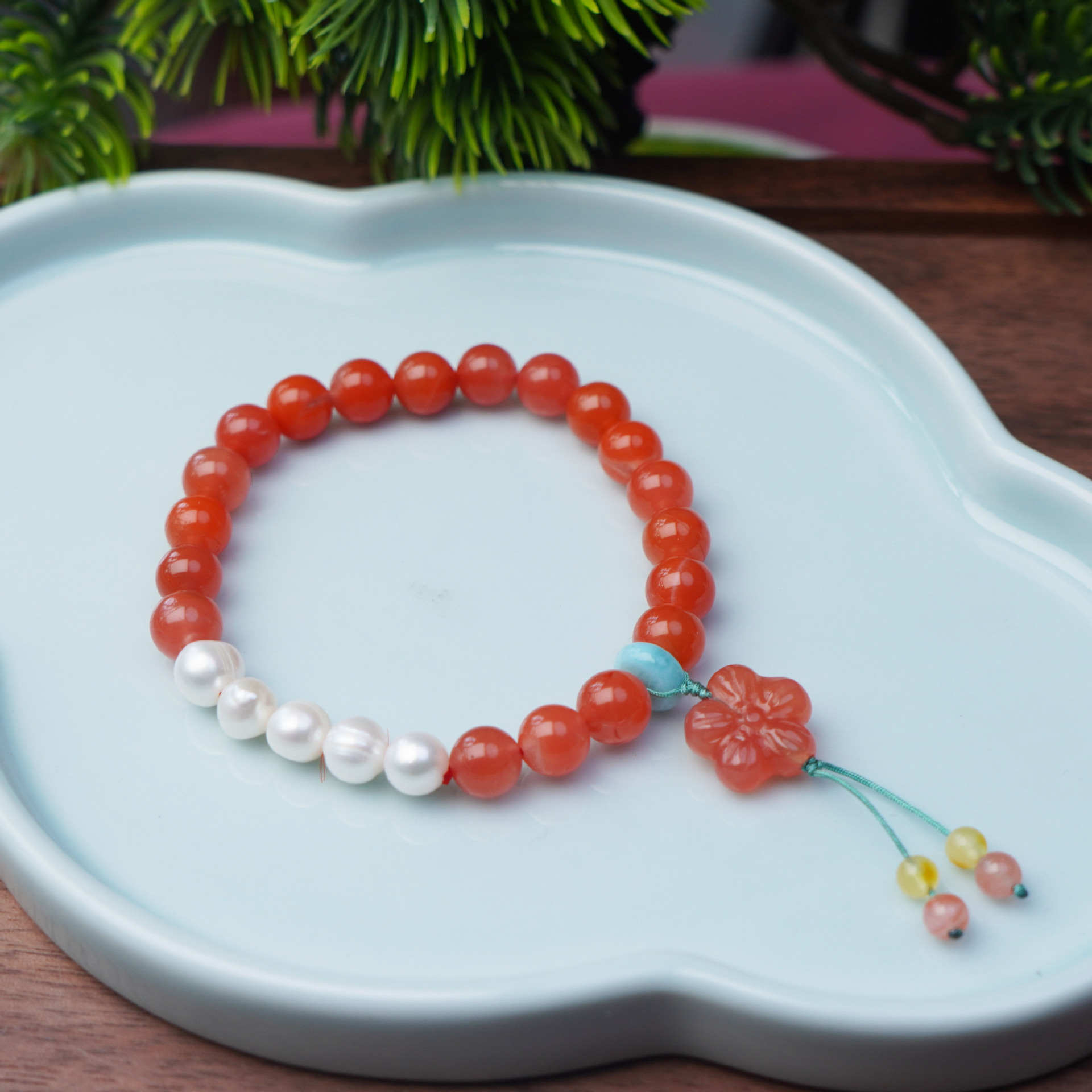 小红书同款桃花玛瑙珍珠拼接手链天然南红玛瑙手串女时尚水晶手链