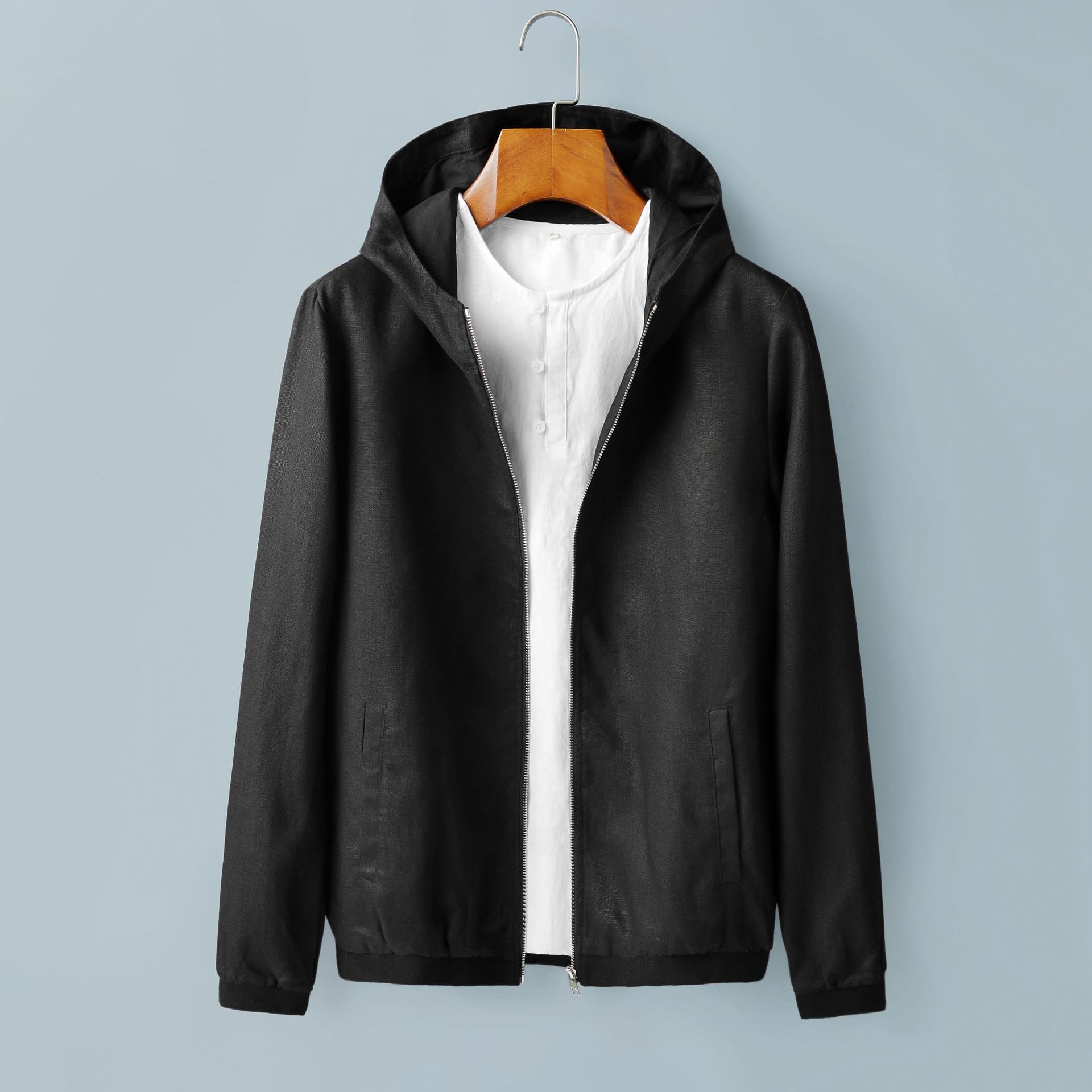 fa-828款 男士春秋亚麻带帽夹克拉链外套休闲百搭上衣男装-阿里巴巴