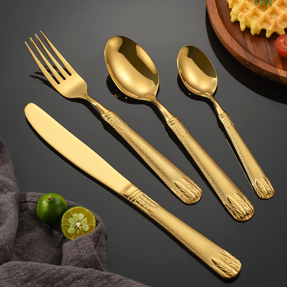304 Stainless Steel Knife, Fork and Spoon Palace Style Wheat Steak Knife and Fork Hotel Western Food Four-Piece Cross-Border Tableware Set