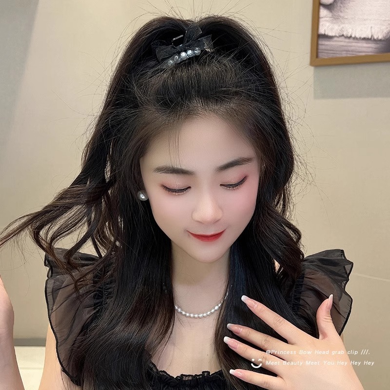 网纱珍珠蝴蝶结抓夹小号刘海发夹女夏季后脑勺夹子半扎发头饰发卡