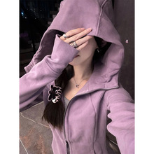 紫色lulu运动套装卫衣修身外套女秋冬季加绒连帽上衣2023新款春秋