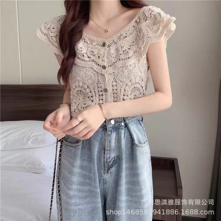 高端法式上衣短款蕾丝别致小衫镂空露锁骨t恤设计感罩衫女夏-阿里巴巴