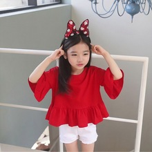 女童韩版短袖t恤红色中袖娃娃衫宽松女孩时尚洋气宽松上衣夏