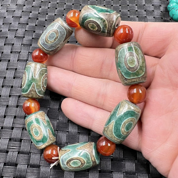 文玩玉石手链玛瑙天珠路路通手链绿三眼天珠桶珠手链玉手串手饰