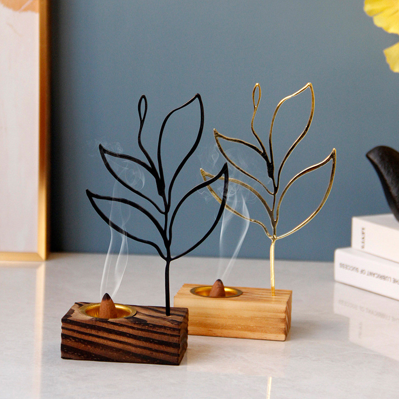 抽象铁艺树叶香薰炉木质手持香炉金色黑色中东阿拉伯家居装饰摆件