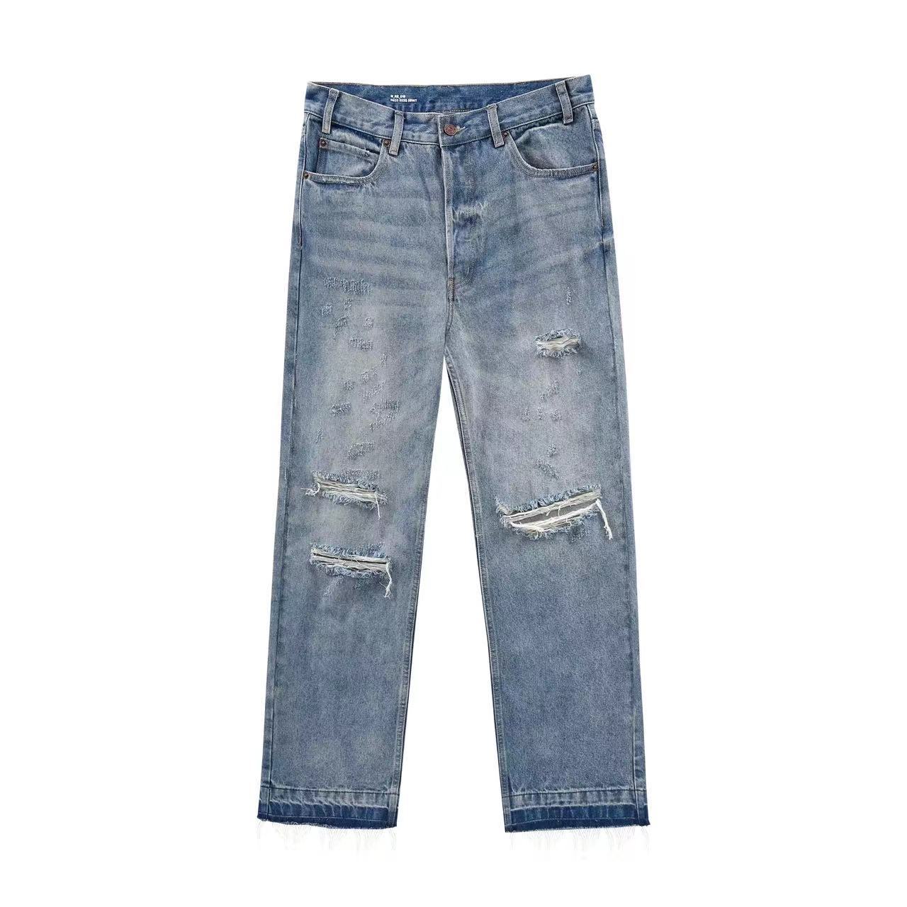 Ce Style Distressed Worn Blue Jeans Tassel Stitching Cleanfit Personality Trendy Wear Trousers Couple Style