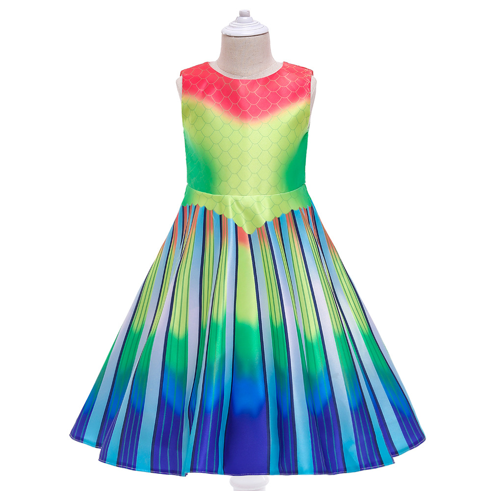 童装美人鱼女童连衣裙彩色渐变印花无袖长裙舞蹈表演服演出服走秀