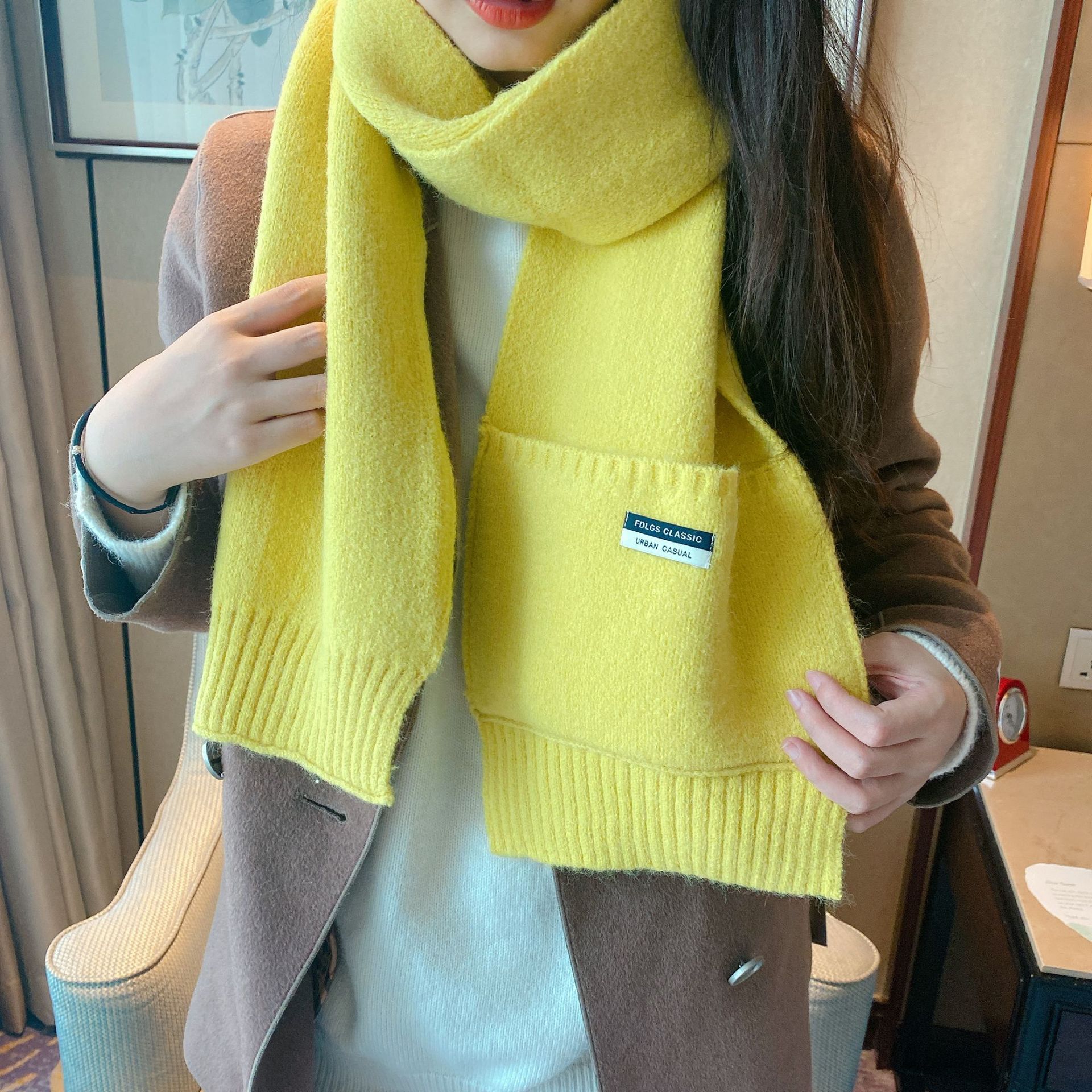 2022 New Korean Style Ins Pocket Solid Color Knitted Wool Scarf Women's Autumn and Winter Warm Decorative Scarf