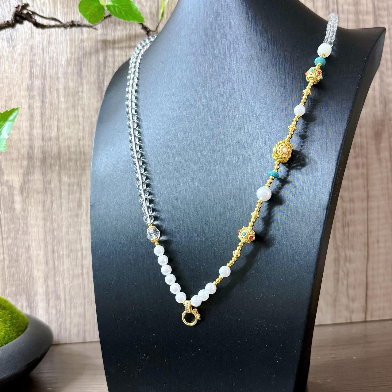 泰国佛牌链白水晶珠链百搭唐卡吊坠快拆扣白水晶珍珠贝圆珠链6mm