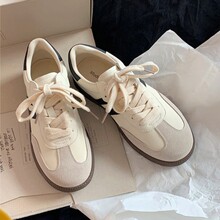 ~真皮三杠葡萄妈情侣同款圆头拼色厚底休闲高跟运动鞋女潮流