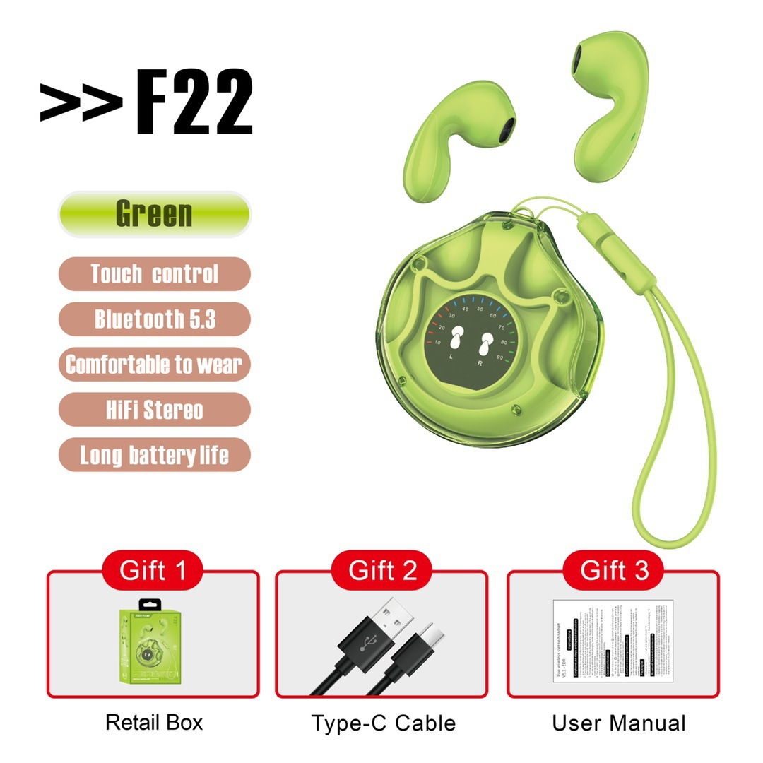 Cross-Border New Arrival F22 Wireless Bluetooth Headset 5. 3hifi Sound Quality Translucent Colorful with Digital Display Drop Shape Tws