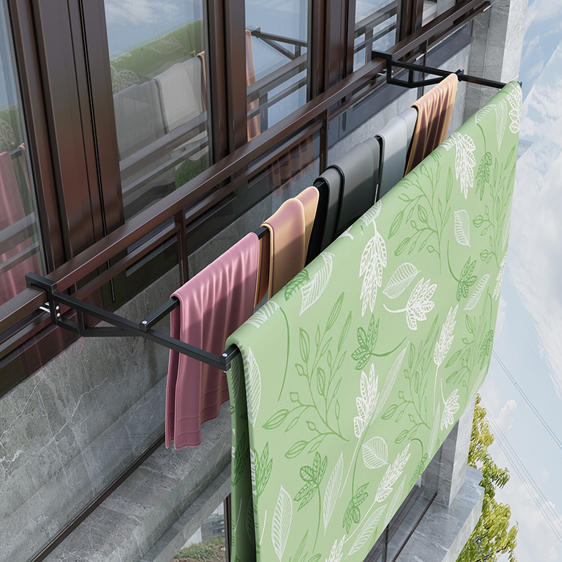 阳台栏杆双杠式折叠铁艺晾衣架防盗网护栏毛巾棉被衣服晾晒神器