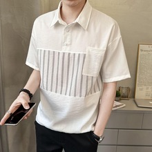 夏季薄款短袖棉衬衫 男韩版拼接Polo衫 百搭衬衣202083一件代发