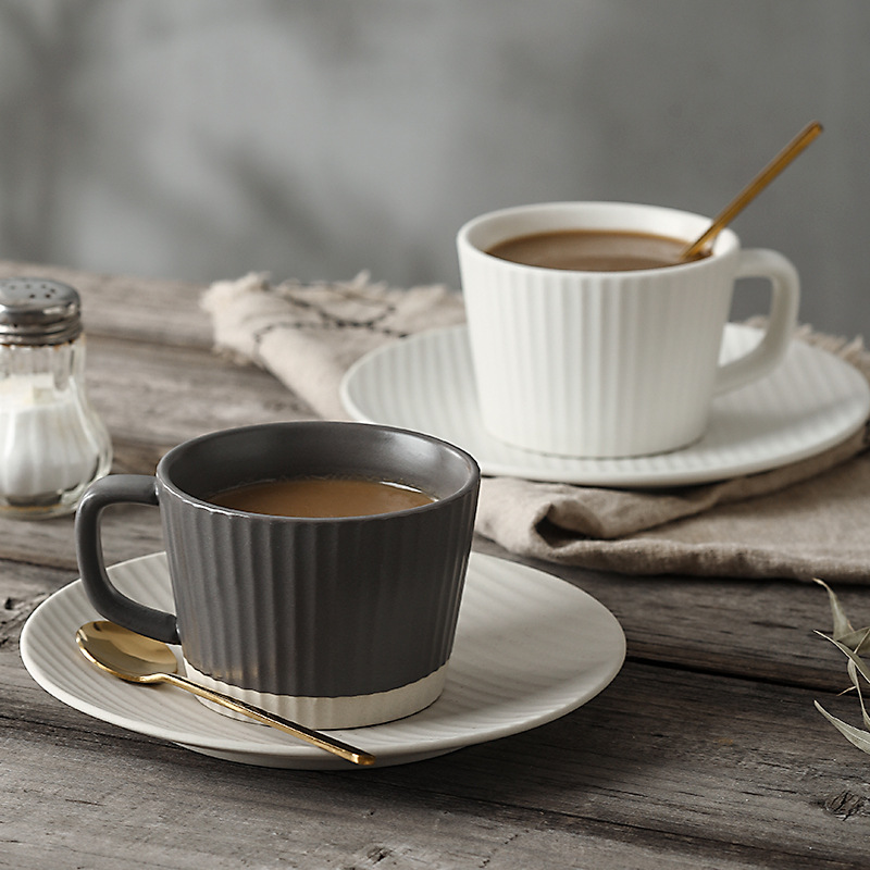 日式复古条纹咖啡杯碟陶瓷马克杯下午茶喝水杯枯山茶杯卡布奇诺杯