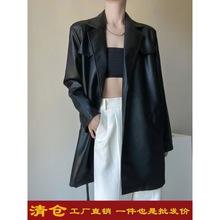 海宁皮革年春秋清仓加(100cm<衣长)系带收腰显瘦皮衣欧美机车服外