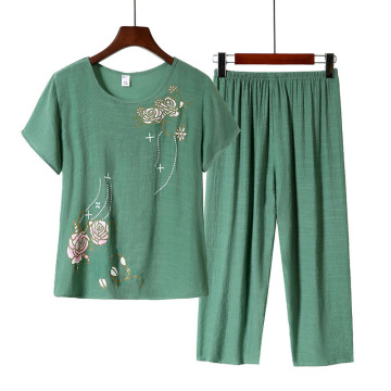 棉麻妈妈装睡衣女夏季短袖套装夏天薄款中老年人休闲家居服可外穿