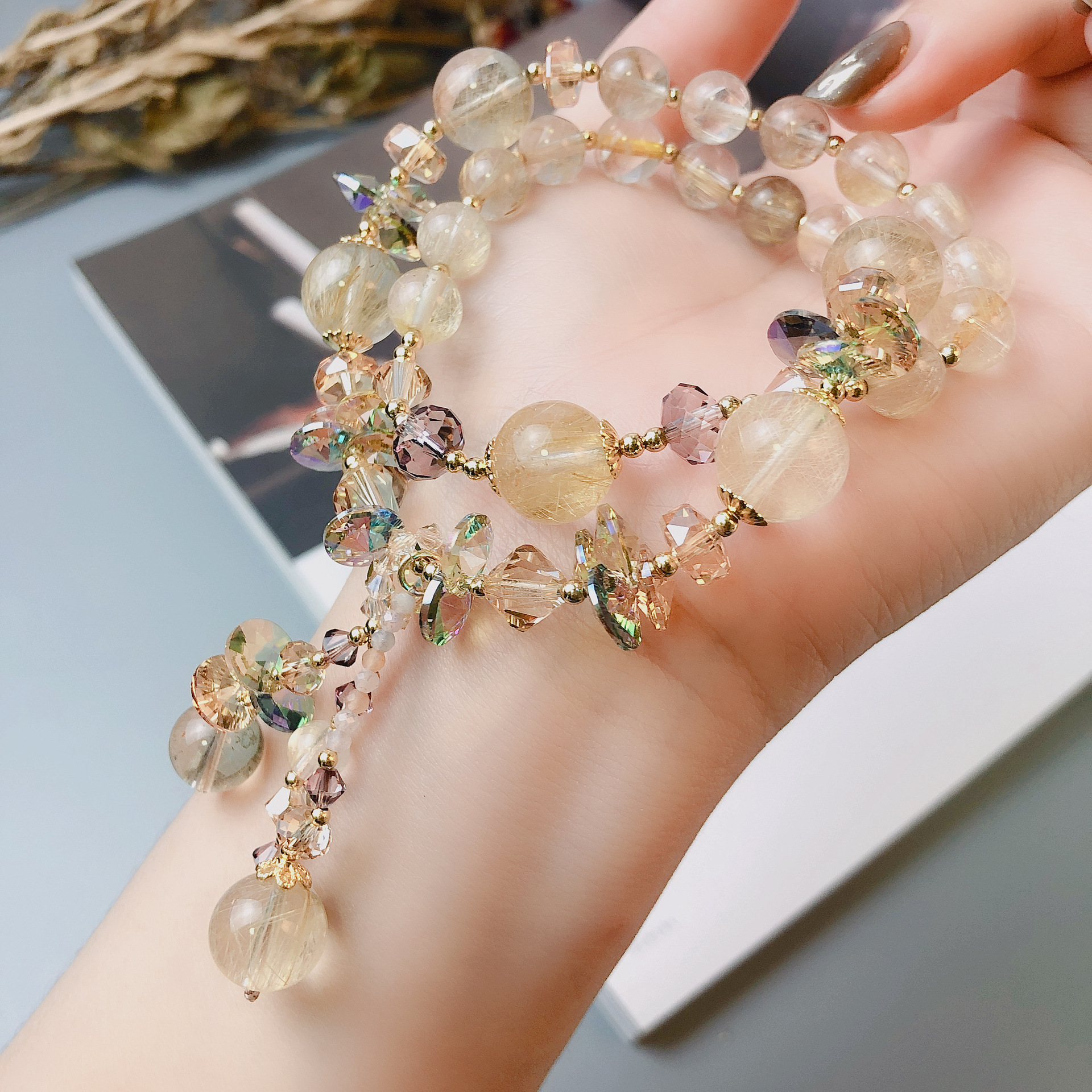 茶晶凤羽幽灵金发晶手链两圈奥地利水晶手串手工串珠饰品配饰首饰