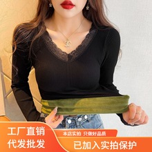 发热保暖上衣女秋冬装蕾丝V领带胸垫加绒加厚内衣长袖打底衫上衣