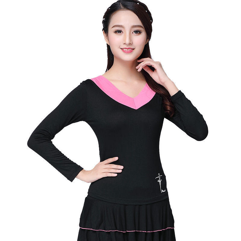 练功服舞蹈服春夏广场舞服装新款v领拉丁舞上衣长袖成人跳舞衣女